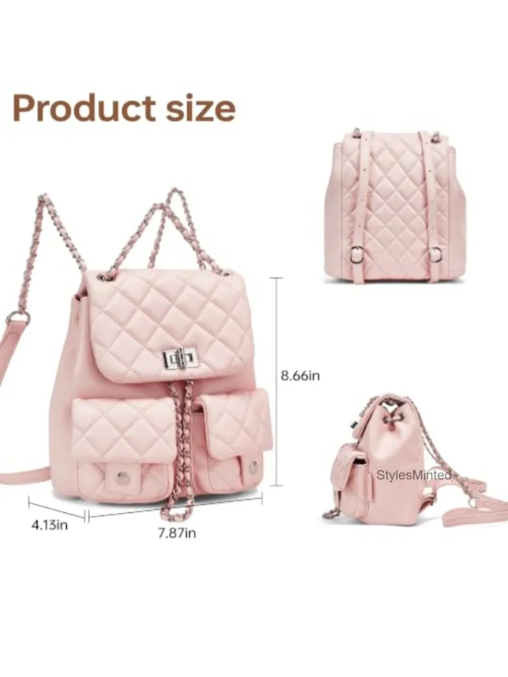 Quilted Faux Leather Mini Backpack Purse for Women Adjustable Straps